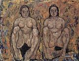 Egon Schiele Squatting women's pair painting
